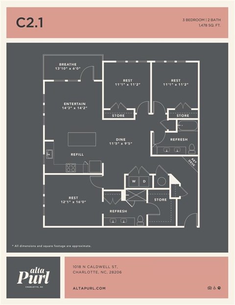 Floor plan for 3 beds, 2 baths, 1478 sqft